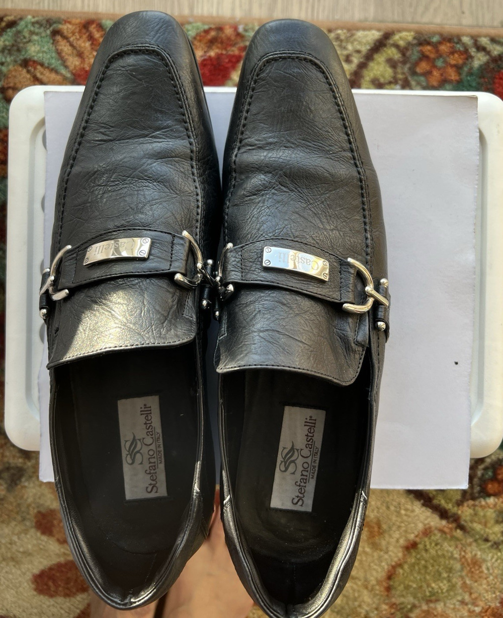 Stefano Castelli Men's  black Leather Loafers Shoes  EU 44  steel  buckle Italy